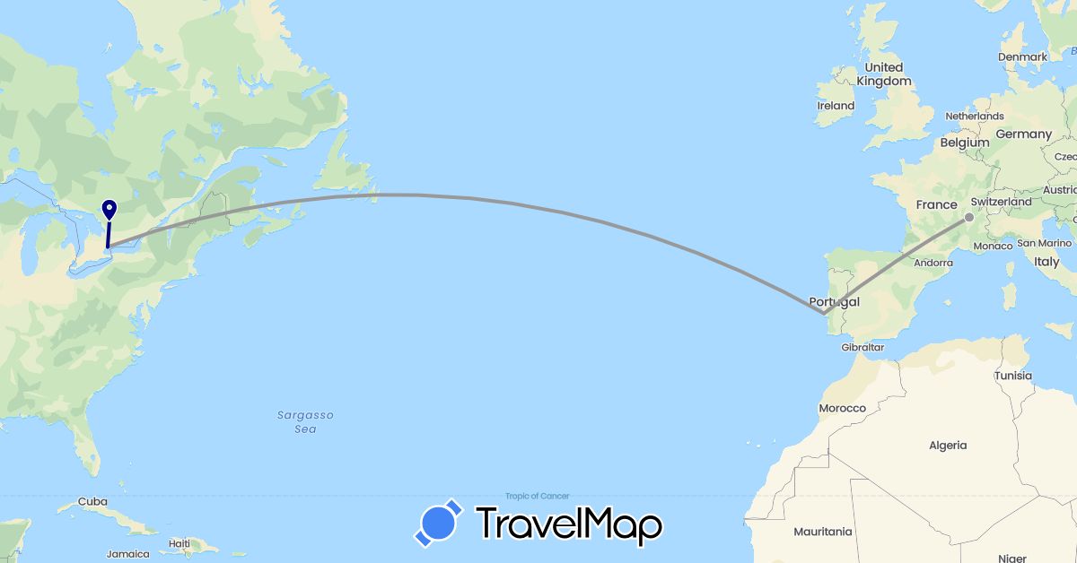 TravelMap itinerary: driving, plane in Canada, France, Portugal (Europe, North America)